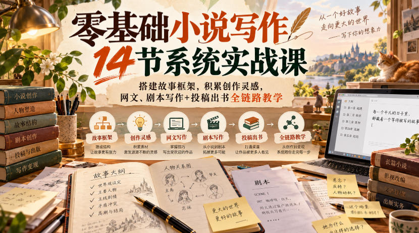 零基础小说写作14节系统实战课，搭建故事框架，积累创作灵感，网文、剧本写作+投稿出书全链路教学-副业网