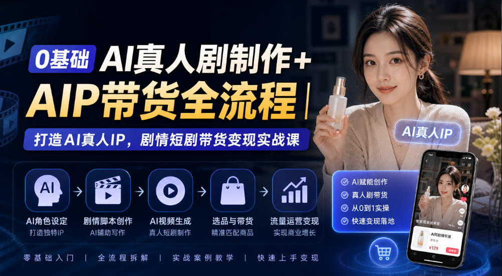 0基础AI真人剧制作+AIP带货全流程｜打造AI真人IP，剧情短剧带货变现实战课-副业网