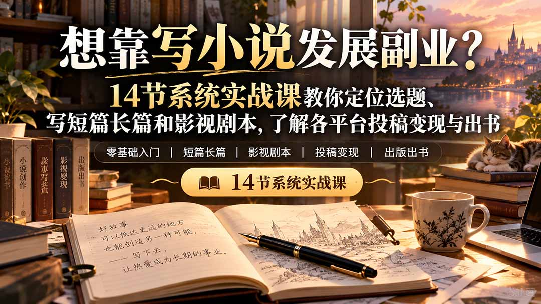 【无水印】想靠写小说发展副业？14节系统实战课教你定位选题、写短篇长篇和影视剧本，了解各平台投稿变现与出书-副业网