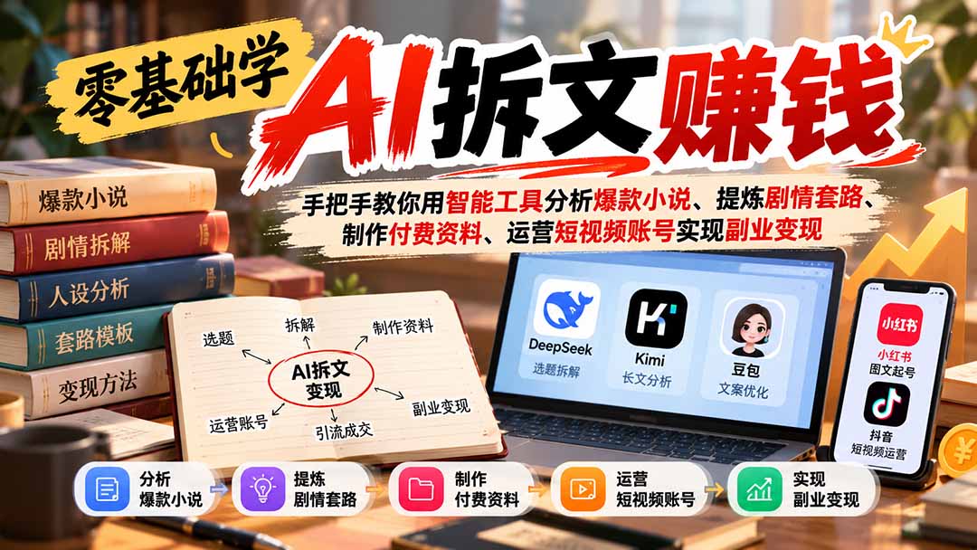 零基础学AI拆文赚钱：手把手教你用智能工具分析爆款小说、提炼剧情套路、制作付费资料、运营短视频账号实现副业变现-副业网