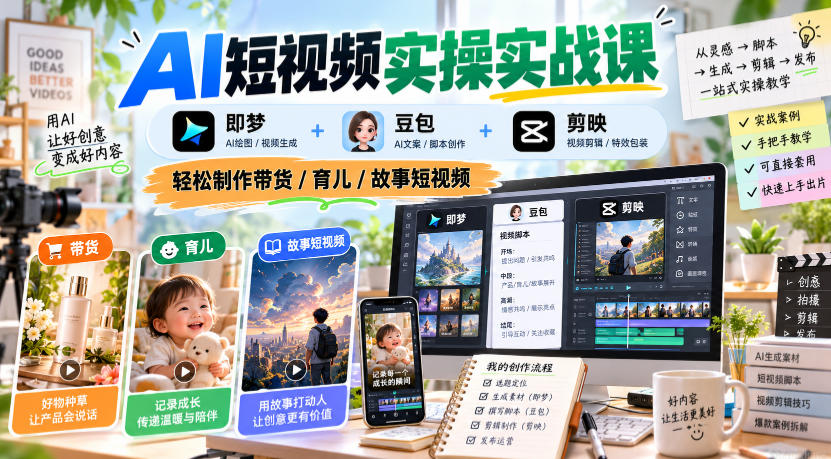 AI短视频实操实战课，即梦+豆包+剪映，轻松制作带货/育儿/故事短视频-副业网