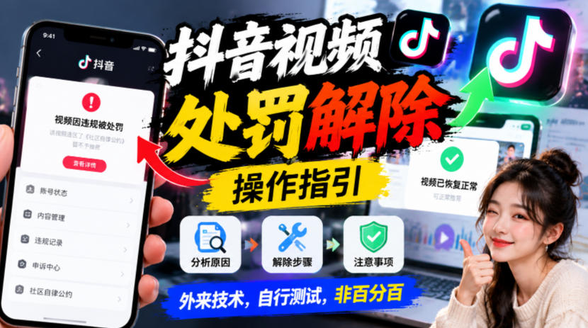 抖音视频处罚解除操作指引，外来技术，自行测试，非百分百-副业网