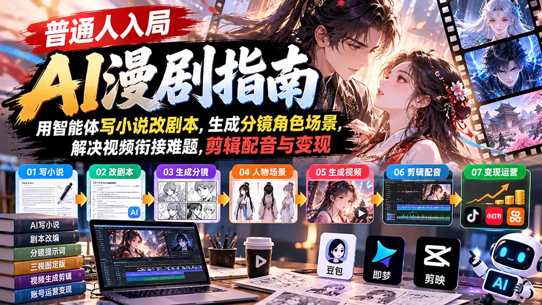 【无水印】普通人入局AI漫剧指南：用智能体写小说改剧本，生成分镜角色场景，解决视频衔接难题，剪辑配音与变现-副业网