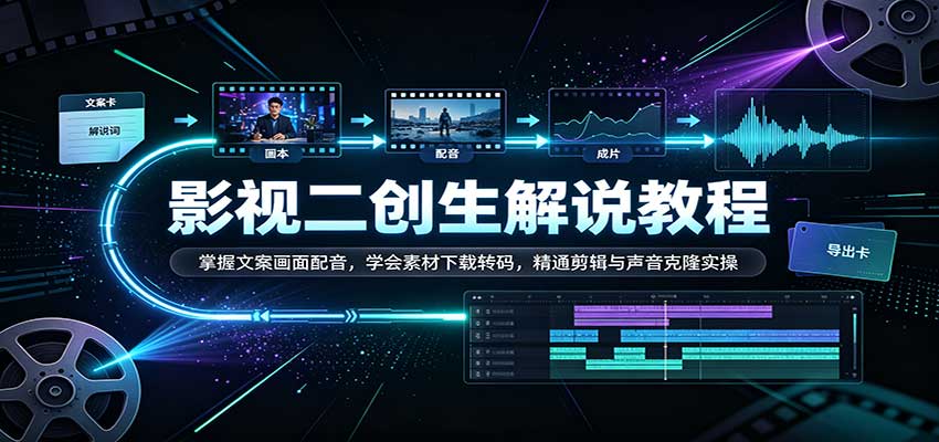 影视二创解说教程：掌握文案画面配音，学会素材下载转码，精通剪辑与声音克隆实操-副业网