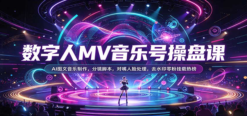 数字人MV音乐号操盘课：AI图文音乐制作，分镜脚本，对嘴人脸处理，去水印零粉挂载热榜-副业网