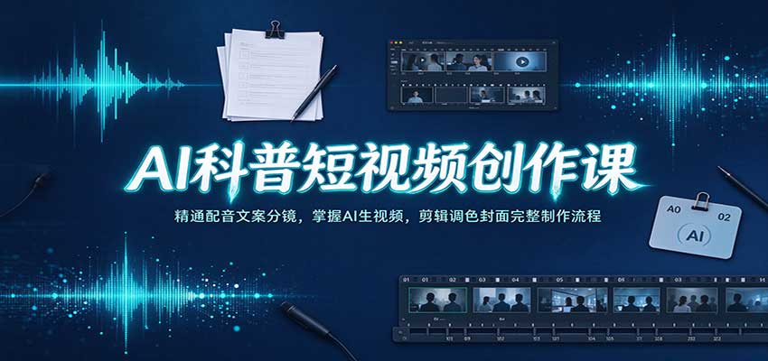 AI科普短视频创作课：精通配音文案分镜，掌握AI生视频，剪辑调色封面完整制作流程-副业网
