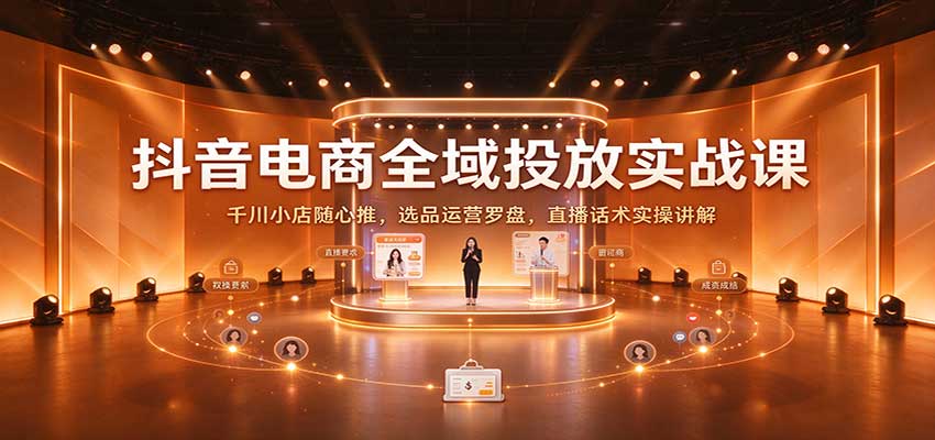 抖音电商全域投放实战课：千川小店随心推，选品运营罗盘，直播话术实操讲解-副业网