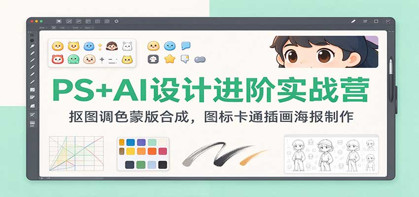 PS+AI设计进阶实战营：抠图调色蒙版合成，图标卡通插画海报制作-副业网