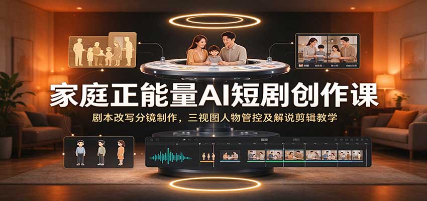 家庭正能量AI短剧创作课：剧本改写分镜制作，三视图人物管控及解说剪辑教学-副业网