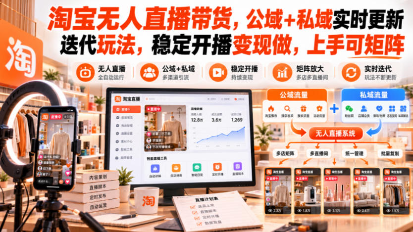 淘宝无人直播带货，公域+私域实时更新迭代玩法，稳定开播变现做，上手可矩阵【揭秘】-副业网
