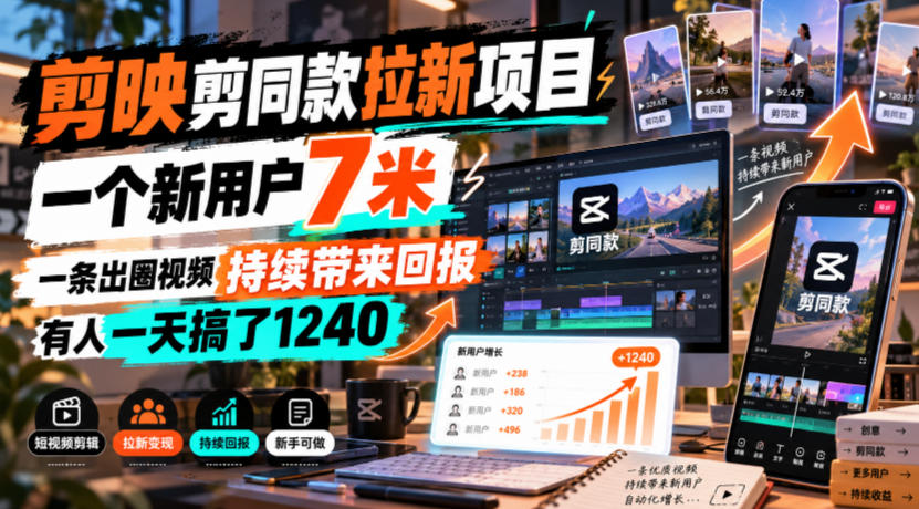 剪映剪同款拉新项目，一个新用户7米，一条出圈视频持续带来回报，有人一天搞了1240-副业网
