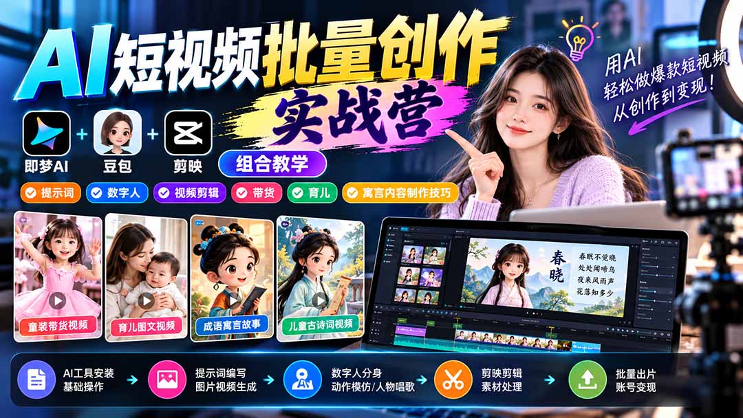 图片[2]-【无水印】AI短视频批量创作实战营：即梦+豆包+剪映组合教学，提示词/数字人/视频剪辑/带货/育儿/寓言内容制作技巧-副业网