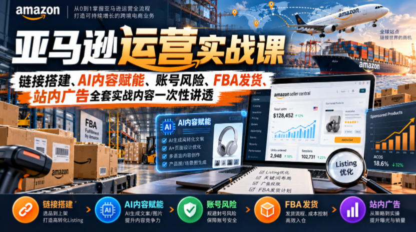 亚马逊运营实战课，链接搭建、AI内容赋能、账号风险、FBA发货、站内广告全套实战内容一次性讲透-副业网