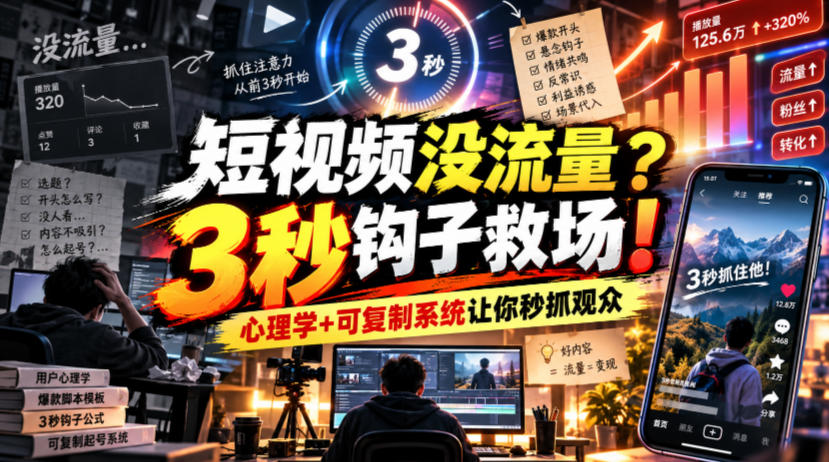 【无水印】短视频没流量？3秒钩子救场！心理学+可复制系统让你秒抓观众【原创双语字幕】-副业网