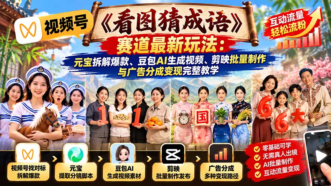 图片[2]-视频号《看图猜成语》赛道最新玩法：元宝拆解爆款、豆包AI生成视频、剪映批量制作与广告分成变现完整教学-副业网