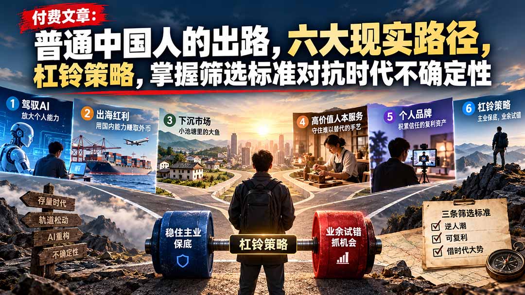 付费文章：普通中国人的出路，六大现实路径，杠铃策略，掌握筛选标准对抗时代不确定性-副业网