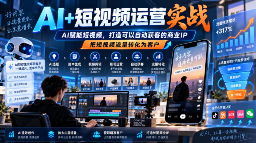 AI+短视频运营实战，AI赋能短视频，打造可以自动获客的商业IP，把短视频流量转化为客户-副业网