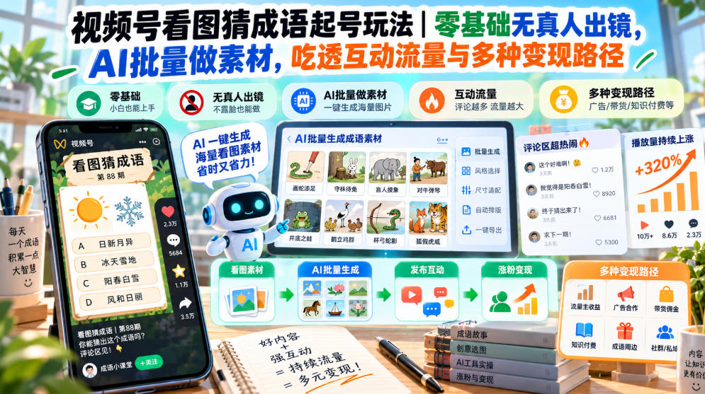 视频号看图猜成语起号玩法｜零基础无真人出镜，AI批量做素材，吃透互动流量与多种变现路径-副业网