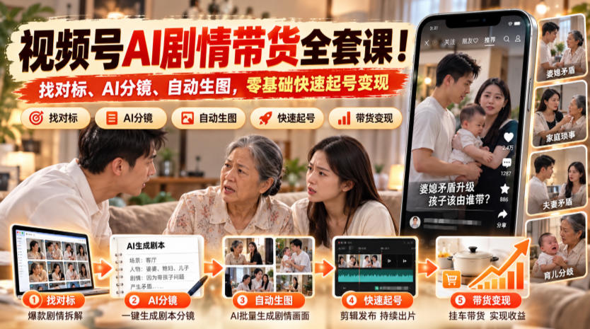 视频号AI剧情带货全套课！找对标、AI分镜、自动生图，零基础快速起号变现-副业网