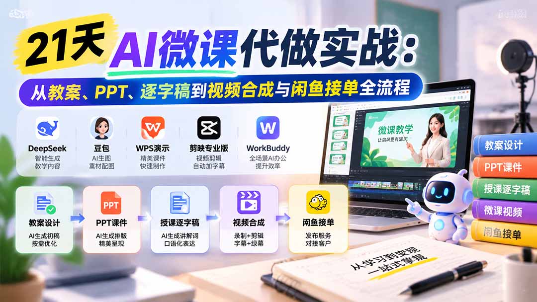 21天AI微课代做实战：从教案、PPT、逐字稿到视频合成与闲鱼接单全流程-副业网