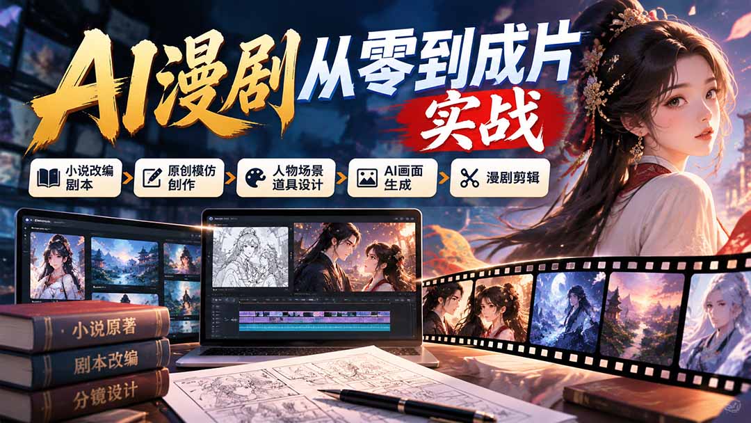 AI漫剧从零到成片实战：小说改编剧本、原创模仿创作、人物场景道具设计、AI画面生成与漫剧剪辑-副业网