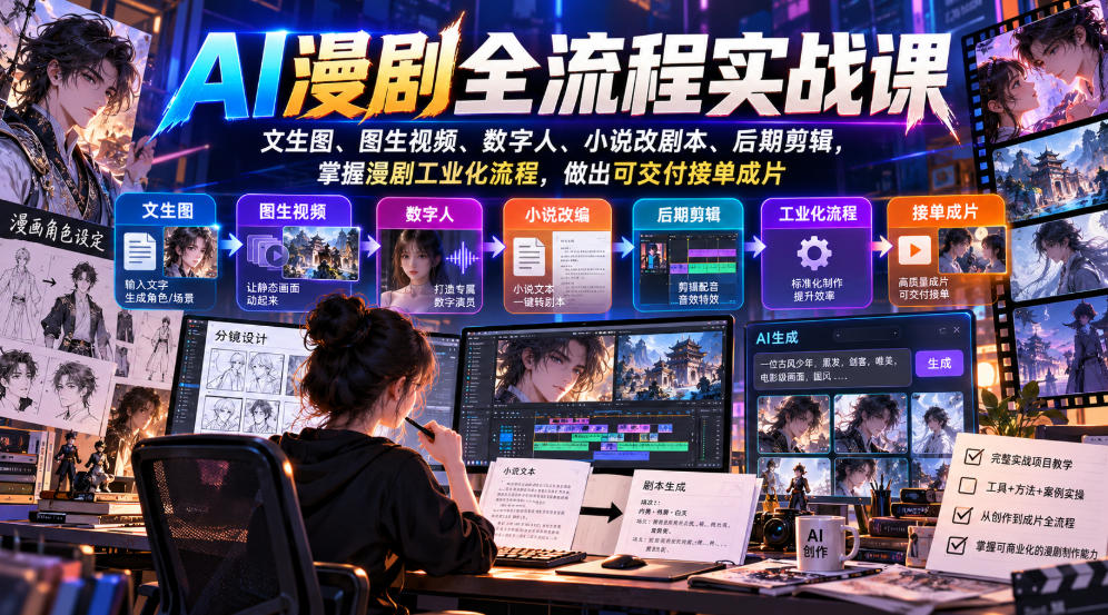 AI漫剧全流程实战课，文生图、图生视频、数字人、小说改剧本、后期剪辑，掌握漫剧工业化流程，做出可交付接单成片-副业网