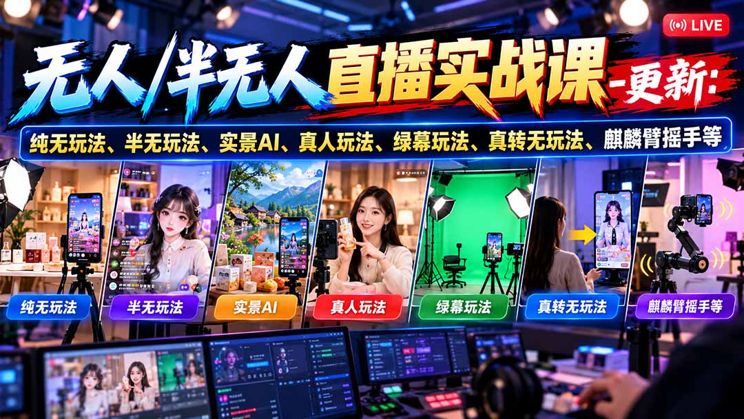 无人/半无人直播实战课-10月20更新：纯无玩法、半无玩法、实景AI、真人玩法、绿幕玩法、真转无玩法、麒麟臂摇手等-副业网