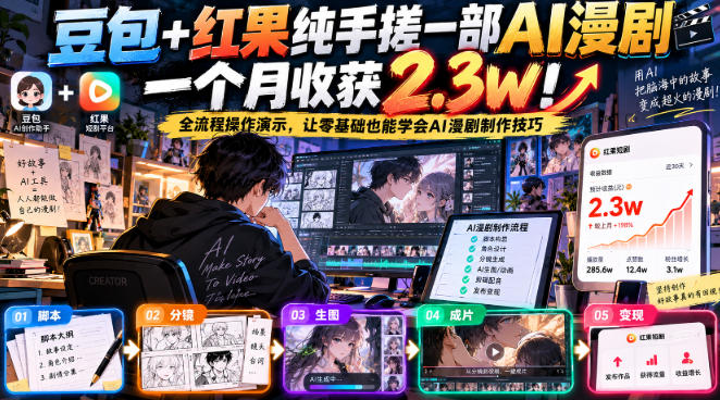 豆包+红果纯手搓一部AI漫剧一个月收获2.3w！全流程操作演示，让零基础也能学会AI漫剧制作技巧-副业网