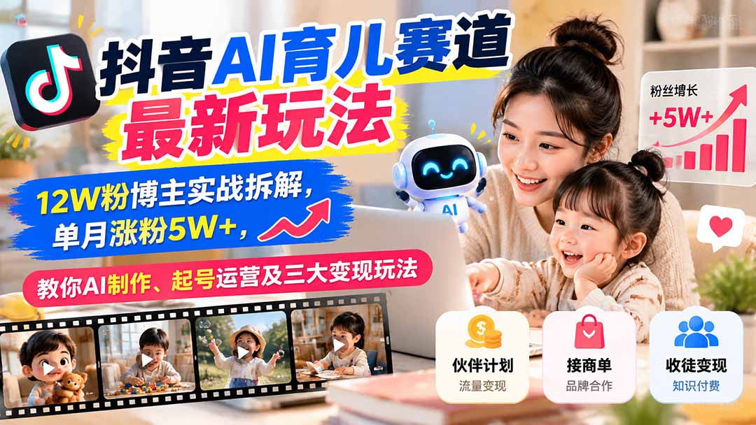 抖音AI育儿赛道最新玩法：12W粉博主实战拆解，单月涨粉5W+，教你AI制作、起号运营及三大变现玩法-副业网
