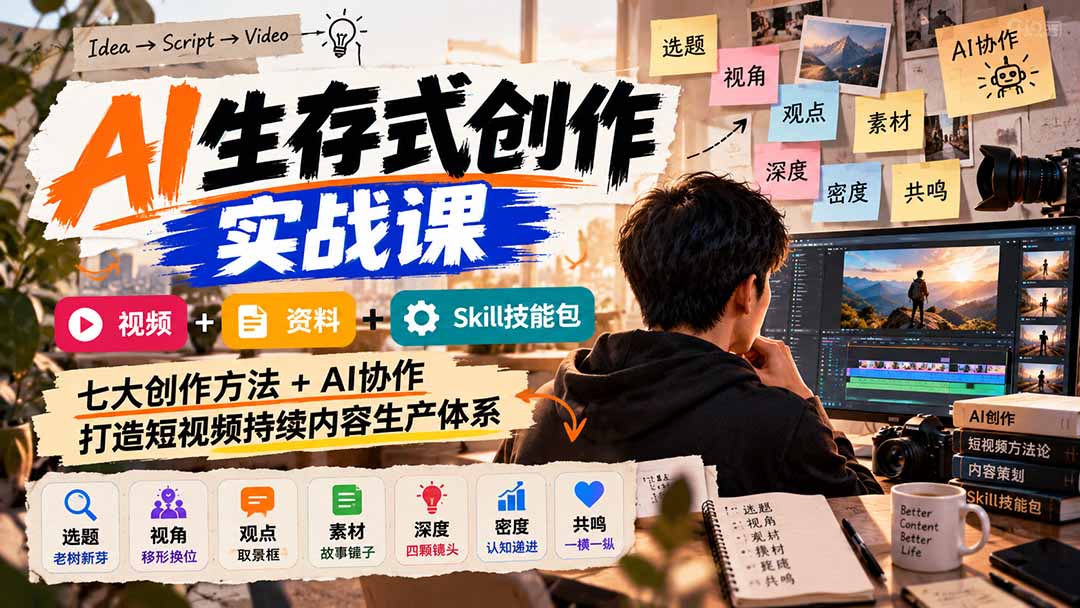 AI生存式创作实战课：视频+资料+Skill技能包，七大创作方法+AI协作，打造短视频持续内容生产体系-副业网