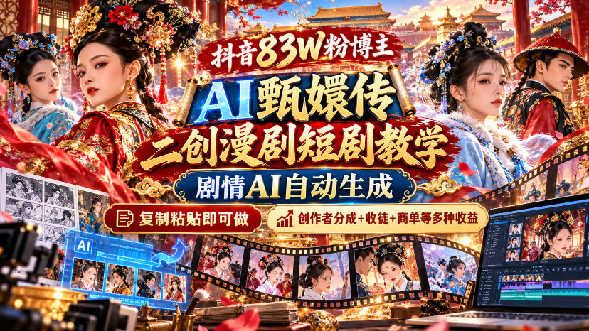 抖音83W粉博主AI甄嬛传二创漫剧短剧教学｜剧情AI自动生成，复制粘贴即可做，各大平台创作者分成+收徒等多种收益-副业网