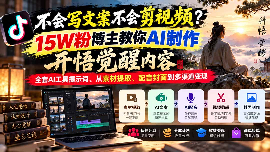 图片[2]-不会写文案不会剪视频？15W粉博主教你AI制作开悟觉醒内容，全套AI工具提示词、从素材提取、配音封面到多渠道变现-副业网
