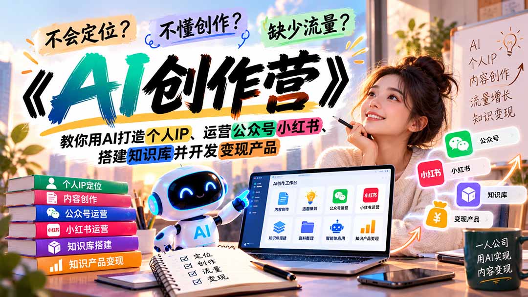 不会定位、不懂创作、缺少流量？《AI创作营》教你用AI打造个人IP、运营公众号小红书、搭建知识库并开发变现产品-副业网