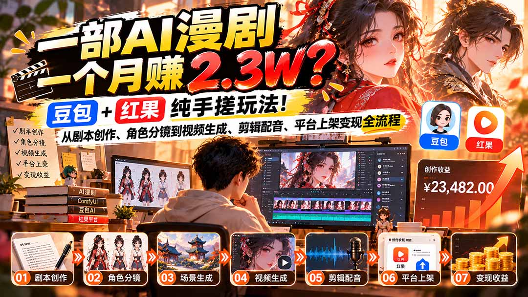 图片[2]-一部AI漫剧一个月赚2.3W？豆包+红果纯手搓玩法！从剧本创作、角色分镜到视频生成、剪辑配音、平台上架变现全流程-副业网