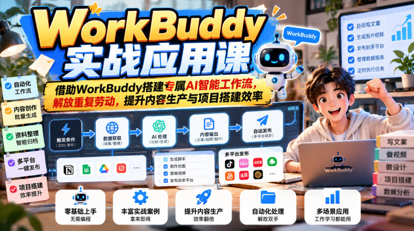 WorkBuddy实战应用课，借助WorkBuddy搭建专属AI智能工作流，解放重复劳动，提升内容生产与项目搭建效率-副业网