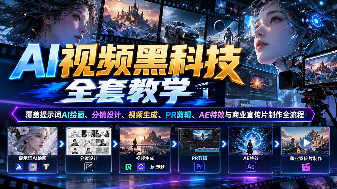 图片[2]-AI视频黑科技全套教学：覆盖提示词AI绘画、分镜设计、视频生成、PR剪辑、AE特效与商业宣传片制作全流程-副业网