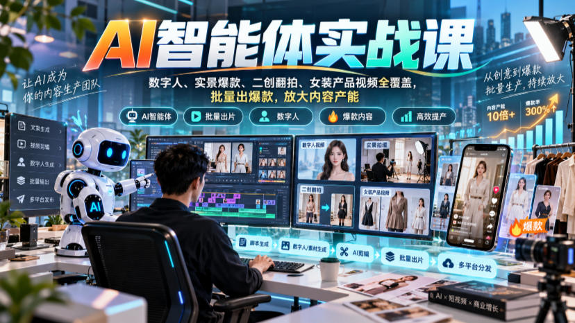 AI智能体实战课，数字人、实景爆款、二创翻拍、女装产品视频全覆盖，批量出爆款，放大内容产能-副业网