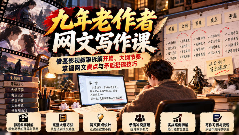 九年老作者网文写作课：借鉴影视叙事拆解开篇、大纲节奏，掌握网文爽点与矛盾搭建技巧-副业网