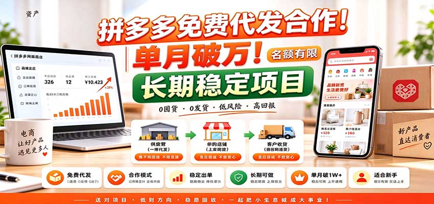 拼多多免费代发合作|单月破万!长期稳定项目,名额有限-副业网