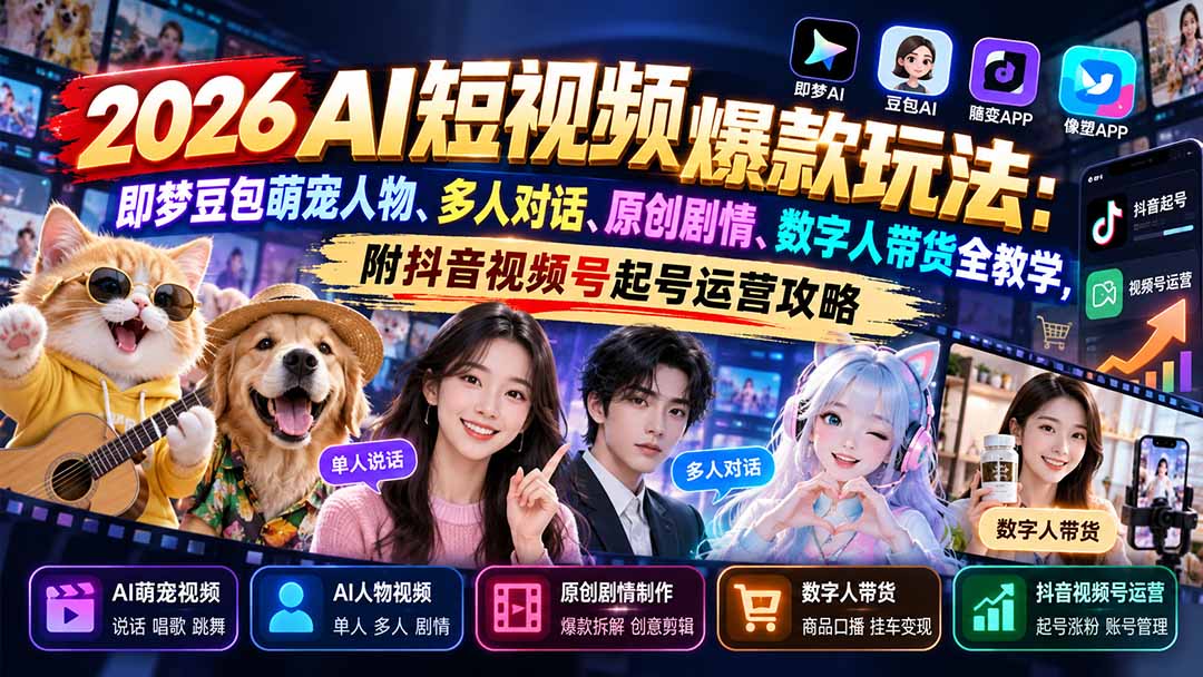 图片[2]-2026AI短视频爆款玩法：即梦豆包萌宠人物、多人对话、原创剧情、数字人带货全教学，附抖音视频号起号运营攻略-副业网