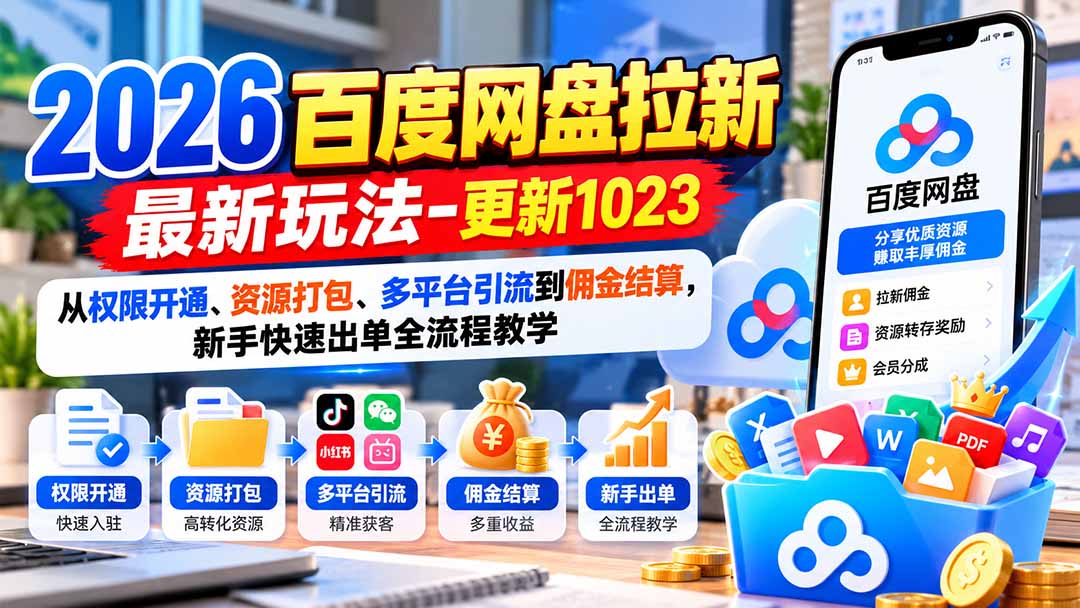 2026百度网盘拉新最新玩法-更新1023：从权限开通、资源打包、多平台引流到佣金结算，新手快速出单全流程教学-副业网