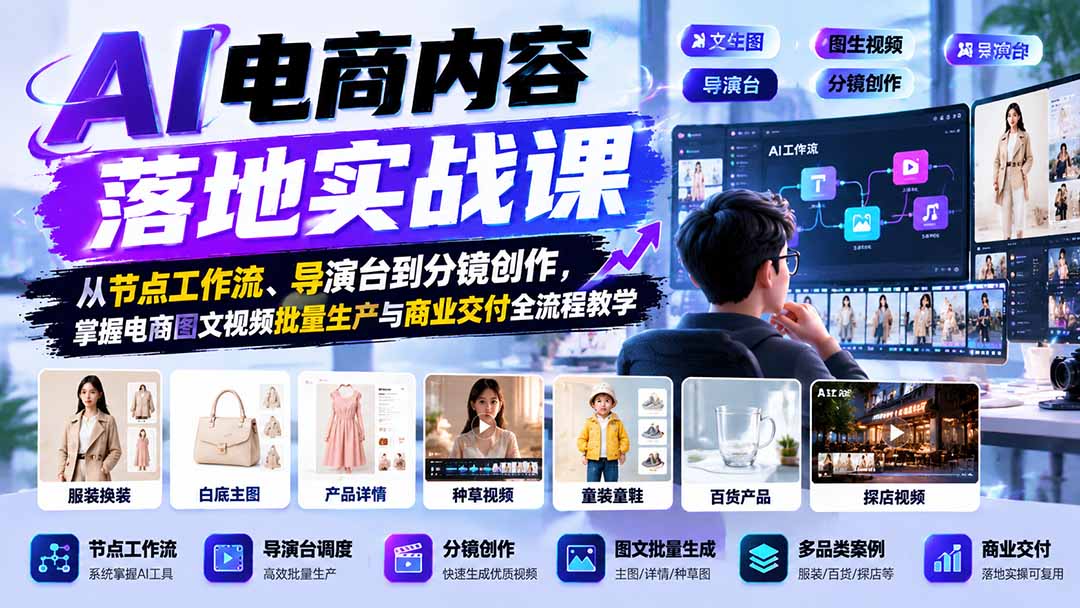 AI电商内容落地实战课：从节点工作流、导演台到分镜创作，掌握电商图文视频批量生产与商业交付全流程教学-副业网
