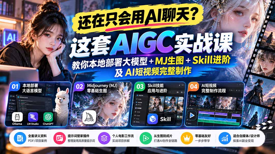 【无水印】还在只会用AI聊天？这套AIGC实战课教你本地部署大模型+MJ生图+Skill进阶及AI短视频完整制作-副业网