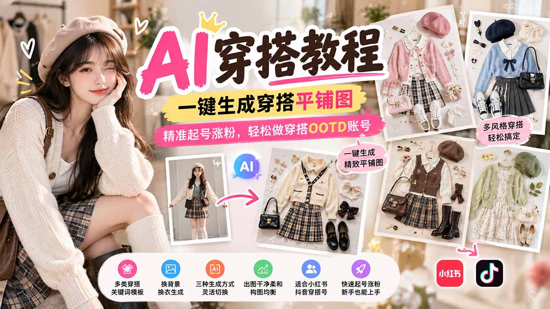 【无水印】AI穿搭教程｜一键生成穿搭平铺图，精准起号涨粉，轻松做穿搭OOTD账号-副业网