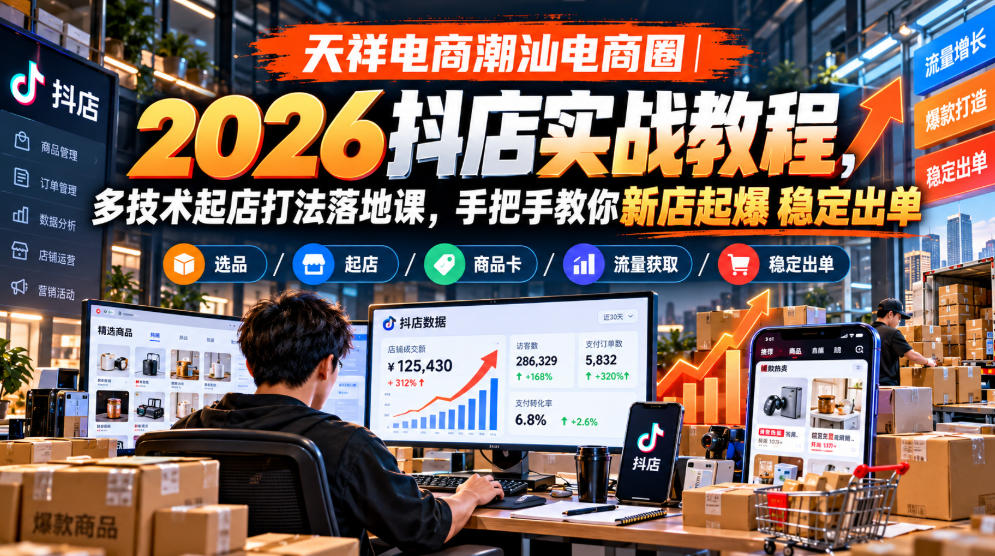 天祥电商潮汕电商圈｜2026抖店实战教程，多技术起店打法落地课，手把手教你新店起爆稳定出单-副业网
