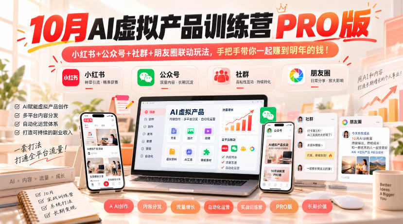 10月AI虚拟产品训练营PRO版，小红书+公众号+社群+朋友圈联动玩法，手把手带你一起赚到明年的钱！(更新1024)-副业网