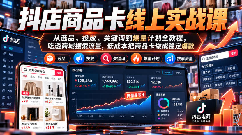 抖店商品卡线上实战课｜从选品、投放、关键词到爆量计划全教程，吃透商城搜索流量，低成本把商品卡做成稳定爆款-副业网