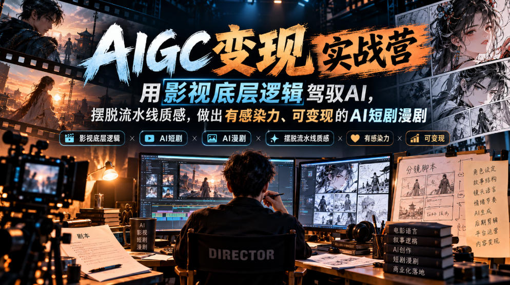 AIGC变现实战营，用影视底层逻辑驾驭AI，摆脱流水线质感，做出有感染力、可变现的AI短剧漫剧-副业网