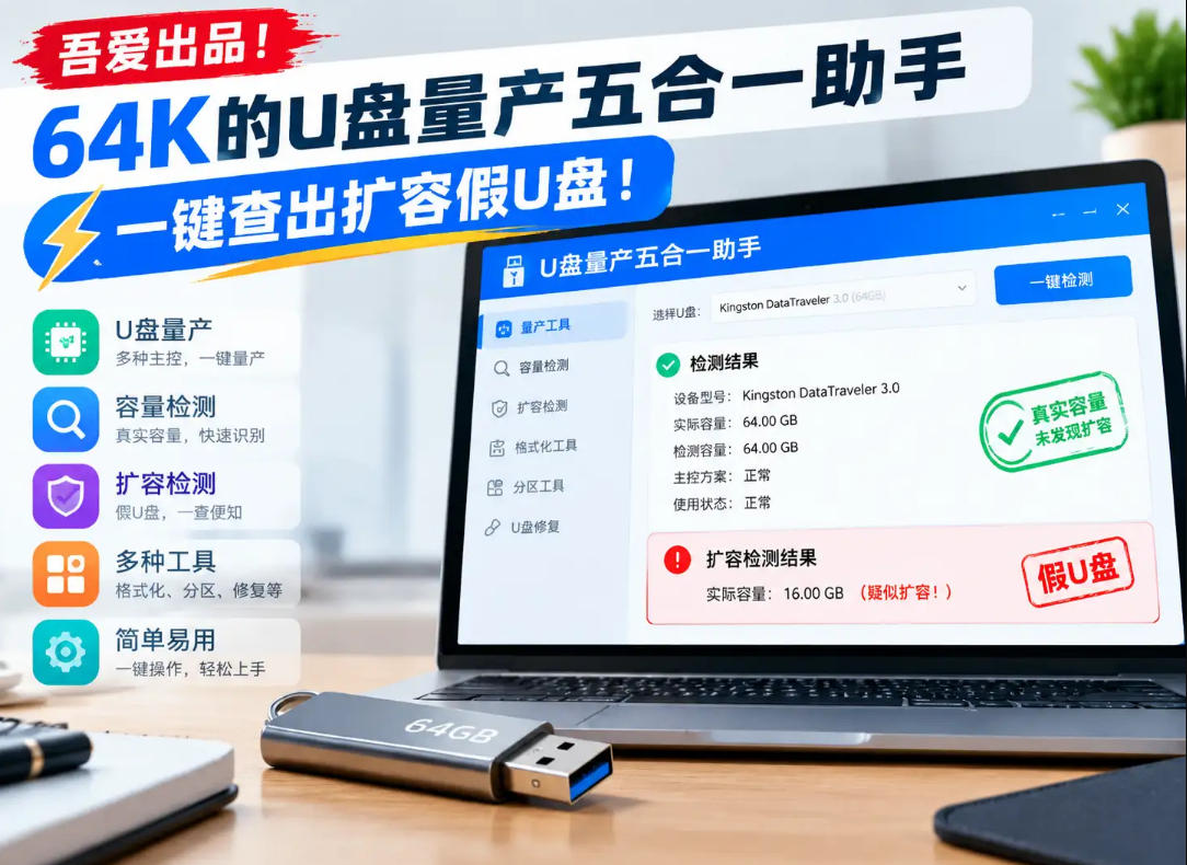 吾爱出品！64K的U盘量产五合一助手，一键查出扩容假U盘！-副业网