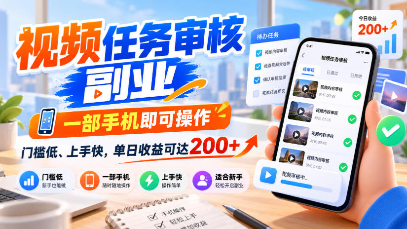 视频任务审核副业，一部手机即可操作，门槛低、上手快，单日收益可达200+【揭秘】-副业网